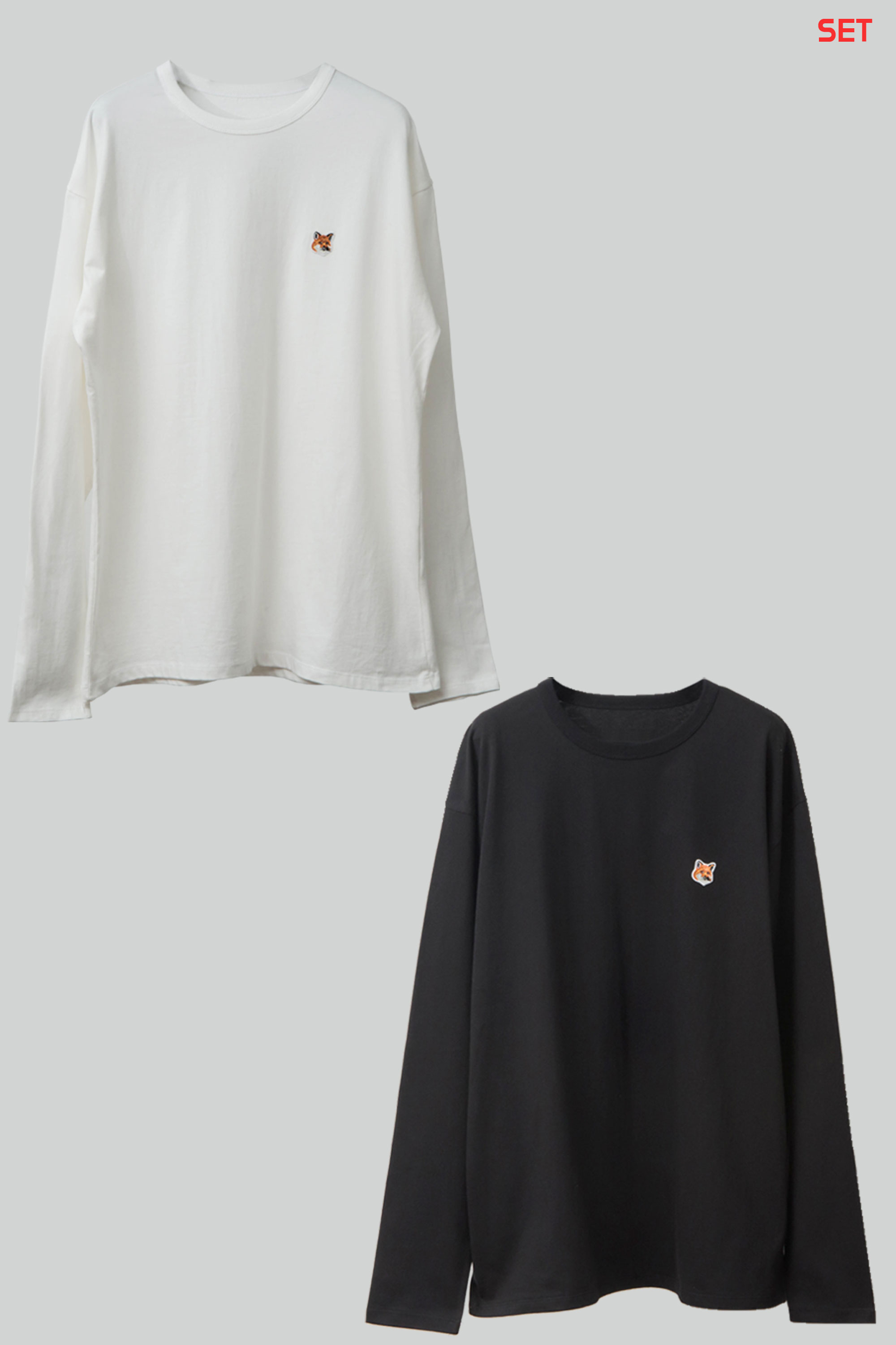 Unisex Long Sleeve Tee-Shirt Fox Head Patch  (White &amp; Black)   (GOLD FOX 자수 100% 작업)  프리미엄 코튼원단  당일발송 set구매시 5000원 할인